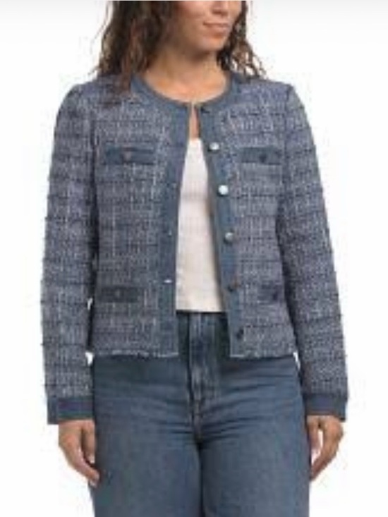 ecru Jackets & Blazers - #645 ecru Mixed Media Textured Blue Tweed Collarless Jacket with denim trim